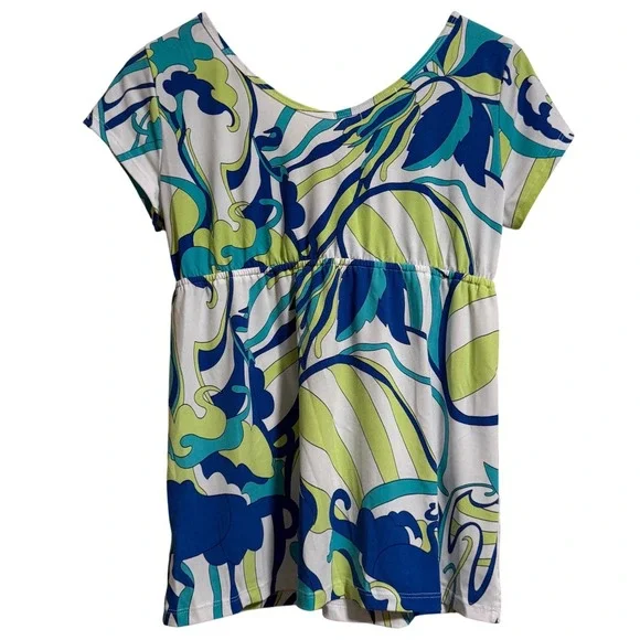 Cha Cha Vente Womens Blue Lime Green Abstract Psychedelic Empire Waist Top Med - Picture 4 of 4